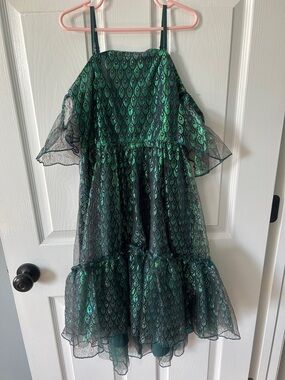 Joyfolie Emerald Green & Black Sparkle Off-Shoulder Party Dress
